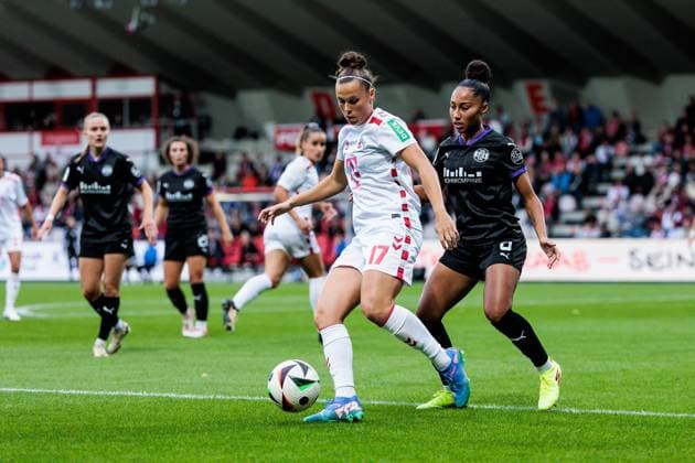 GOOGLE PIXEL Frauen Bundesliga 1 FC Köln SGS Essen 15 09 2024 duel Nicole Billa 1 FC Köln, 17 , Vanessa Fürst SGS Essen, 8 GOOGLE PIXEL Frauen Bundesliga, 1 FC Köln SGS Essen, Köln, Franz Kremer Stadion am 15 09 2024 DFB REGULATIONS PROHIBIT ANY USE OF PHOTOGRAPHS AS IMAGE SEQUENCES AND OR QUASI VIDEO Copyright: xBEAUTIFULxSPORTS Wunderlx