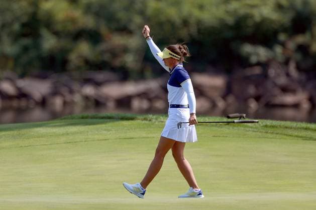 Solheim Cup GAINESVILLE, VIRGINIA - SEPTEMBER 15: Linn Grant of Team Europe celebrates her putt on hole 11 during the final round of the Solheim Cup at Robert Trent Jones Golf Club on Sunday, September 15, 2024 in Gainesville, Virginia. Gainesville Virginia United States  Copyright: xAmyxLemusx originalFilename:lemus-solheimc240915_npVdz.jpg