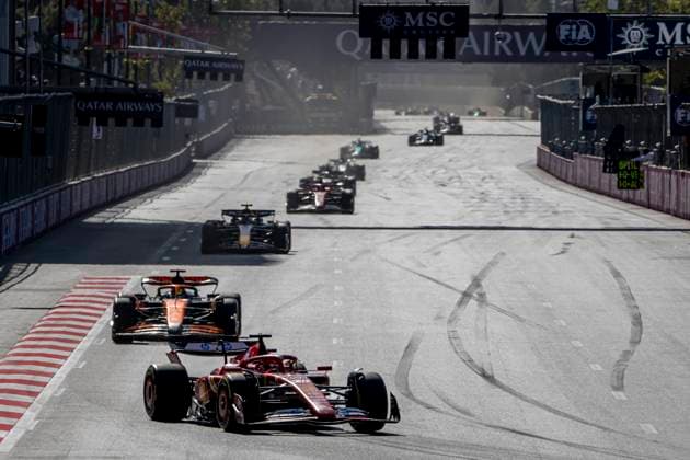 Baku - 15-09-2024, Baku City Circuit, Oscar Piastri, George Russell and Charles Leclerc at the Formula 1 Azerbaijan Grand Prix 2024 Sunday Formula 1 Azerbaijan Grand Prix 2024 Sunday  x26269955x Copyright:
