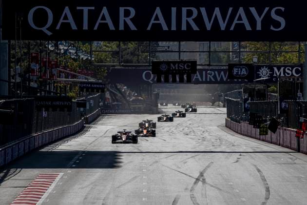 Baku - 15-09-2024, Baku City Circuit, Oscar Piastri, George Russell and Charles Leclerc at the Formula 1 Azerbaijan Grand Prix 2024 Sunday Formula 1 Azerbaijan Grand Prix 2024 Sunday  x26270026x Copyright: