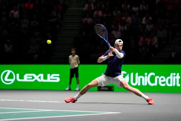 15th September 2024; AO Arena, Manchester, England; Davis Cup Finals, Group Stage, Group D Day 6; Jack Draper of Great Britain plays a forehand shot  ActionPlus12693640 StevenxFlynn