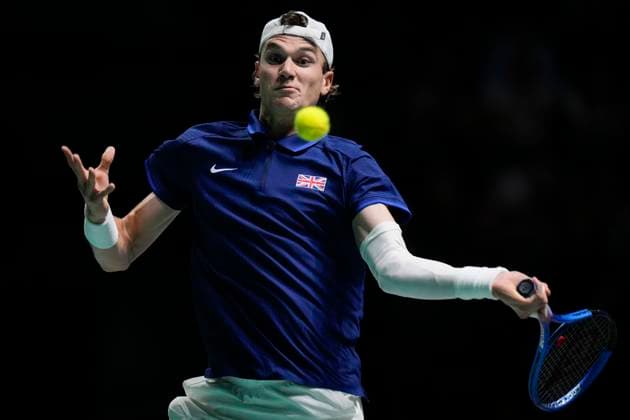 15th September 2024; AO Arena, Manchester, England; Davis Cup Finals, Group Stage, Group D Day 6; Jack Draper of Great Britain plays a forehand shot  ActionPlus12693598 StevenxFlynn
