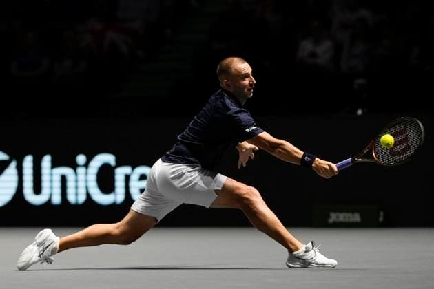 15th September 2024; AO Arena, Manchester, England; Davis Cup Finals, Group Stage, Group D Day 6; Daniel Evans of Great Britain plays a backhand shot  ActionPlus12693663 StevenxFlynn