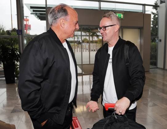 16 09 24 VfB Stuttgart departure Madrid Germany, Stuttgart, 16 09 2024, Football, Bundesliga, VfB Stuttgart, Stuttgart Airport departure for Champions League away match at Real Madrid v l Hansi Müller, Alexander Wehrle