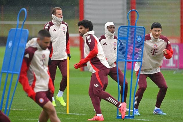 hi v li Harry KANE Bayern Muenchen , Serge GNABRY FC Bayern Muenchen , Leroy SANE Bayern Muenchen , Minjae KIM FC Bayern Muenchen , Action final training, training on 16 09 2024 Football Champions League , FC Bayern Muenchen GNK Dinamo Zagreb