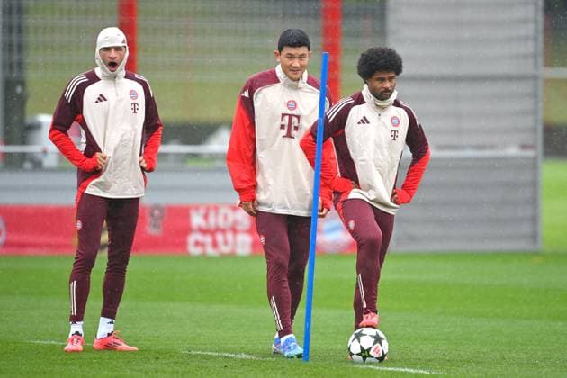 from right Serge GNABRY FC Bayern Muenchen , Minjae KIM FC Bayern Muenchen , Thomas MUELLER MÜLLER,Bayern Muenchen final training, training on 16 09 2024 Football Champions League , FC Bayern Muenchen GNK Dinamo Zagreb