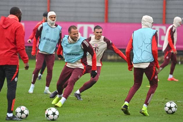 from left Leroy SANE Bayern Muenchen , Harry KANE Bayern Muenchen ,Joao PALHINHA Bayern Muenchen ,Action, Final training, Training on 16 09 2024 Football Champions League , FC Bayern Muenchen GNK Dinamo Zagreb