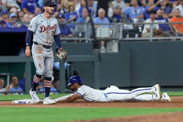 September 16, 2024: Kansas City Royals left fielder MJ Melendez (1) slides into third base safe for a triple as Detroit Tigers third baseman Zach McKinstry (39) looks on during the fourth inning at Kauffman Stadium in Kansas City, MO. CSM Kansas City United States of America - ZUMAc04_ 20240916_zma_c04_034 Copyright: xDavidxSmithx