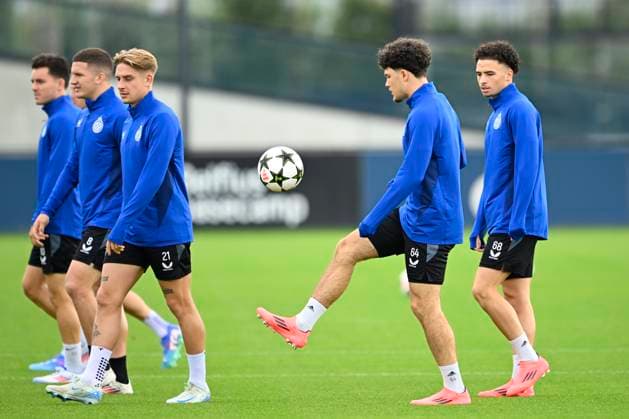 Club Brugge v Borussia Dortmund - UEFA Champions League MD -1 WESTKAPELLE, BELGIUM - SEPTEMBER 17 : Sabbe Kyriani defender of Club Brugge and Talbi Chemsdine midfielder of Club Brugge pictured during a training session prior to the UEFA Champions League - League phase matchday 1 between Club Brugge and Borussia Dortmund at the Club Brugge training centre on September 17, 2024 in Westkapelle, Belgium , 17 09 2024 Westkapelle Belgium  Copyright: xNicoxVereeckenx
