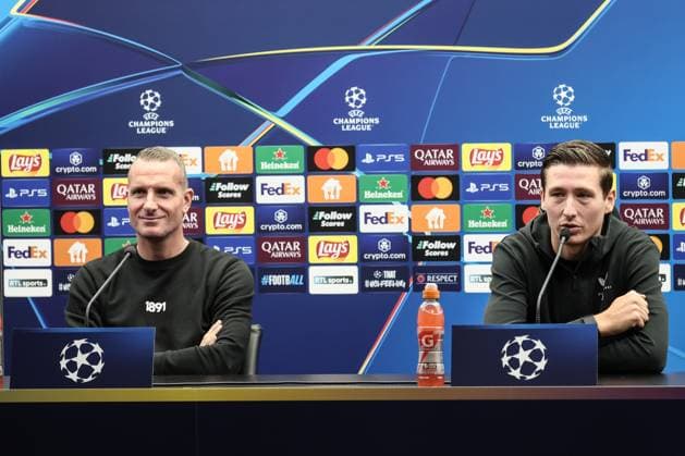 Club s head coach Nicky Hayen and Club s Hans Vanaken pictured during a press conference, PK, Pressekonferenz of Belgian soccer team Club Brugge KV, Tuesday 17 September 2024 in Knokke-Heist. The team is preparing for tomorrow s game against German Borussia Dortmund, on the opening day of the UEFA Champions League league phase. BRUNOxFAHY  x100817605x