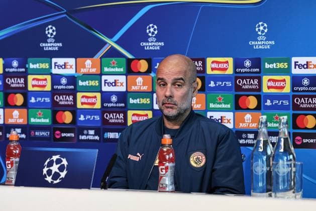 UEFA Champions League Manchester City v Inter Milan press conference, PK, Pressekonferenz Pep Guardiola manager of Manchester City speaks in the pre-match press conference during the UEFA Champions League Manchester City v Inter Milan Press conference at Etihad Stadium, Manchester, United Kingdom, 17th September 2024 (Photo by Mark Cosgrove News Images) Manchester Etihad Stadium Manchester United, ManU Kingdom Copyright: xMarkxCosgrove NewsxImagesx