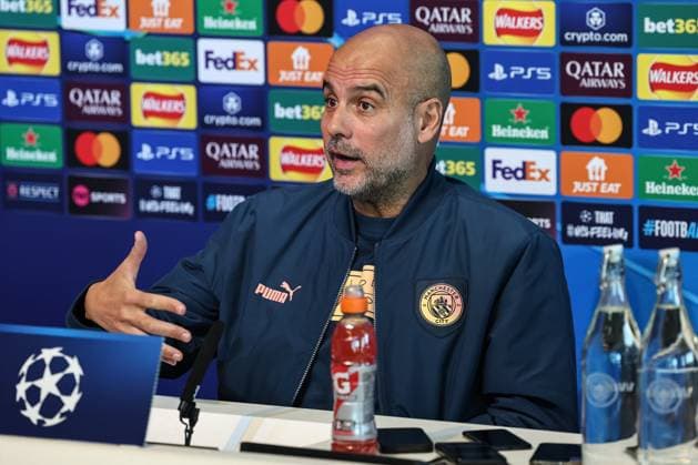 UEFA Champions League Manchester City v Inter Milan press conference, PK, Pressekonferenz Pep Guardiola manager of Manchester City speaks in the pre-match press conference during the UEFA Champions League Manchester City v Inter Milan Press conference at Etihad Stadium, Manchester, United Kingdom, 17th September 2024 (Photo by Mark Cosgrove News Images) Manchester Etihad Stadium Manchester United, ManU Kingdom Copyright: xMarkxCosgrove NewsxImagesx