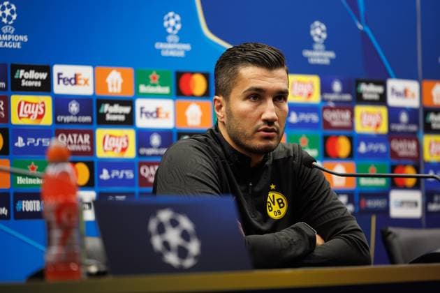 Borussia s head coach Nuri Sahin pictured during a press conference, PK, Pressekonferenz of German soccer team Borussia Dortmund, Tuesday 17 September 2024 in Brugge. The team is preparing for tomorrow s game against Belgian Club Brugge KV, on the opening day of the UEFA Champions League league phase. KURTxDESPLENTER  x100835943x