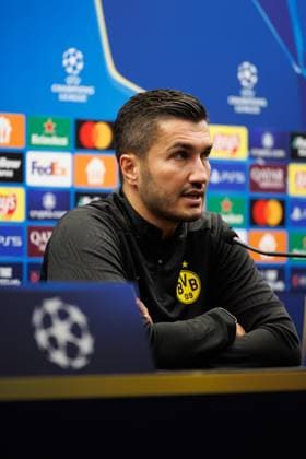 Borussia s head coach Nuri Sahin pictured during a press conference, PK, Pressekonferenz of German soccer team Borussia Dortmund, Tuesday 17 September 2024 in Brugge. The team is preparing for tomorrow s game against Belgian Club Brugge KV, on the opening day of the UEFA Champions League league phase. KURTxDESPLENTER  x100836019x