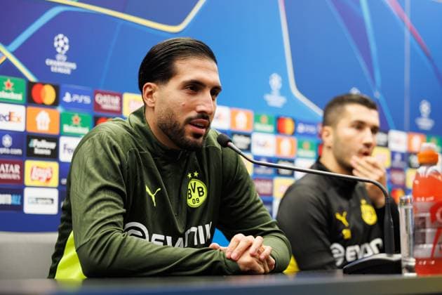 Borussia s Emre Can and Borussia s head coach Nuri Sahin pictured during a press conference, PK, Pressekonferenz of German soccer team Borussia Dortmund, Tuesday 17 September 2024 in Brugge. The team is preparing for tomorrow s game against Belgian Club Brugge KV, on the opening day of the UEFA Champions League league phase. KURTxDESPLENTER  x100836179x