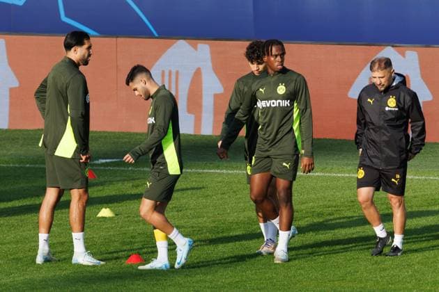 Borussia s players pictured in action during a training session of German soccer team Borussia Dortmund, Tuesday 17 September 2024 in Brugge. The team is preparing for tomorrow s game against Belgian Club Brugge KV, on the opening day of the UEFA Champions League league phase. KURTxDESPLENTER  x100838670x