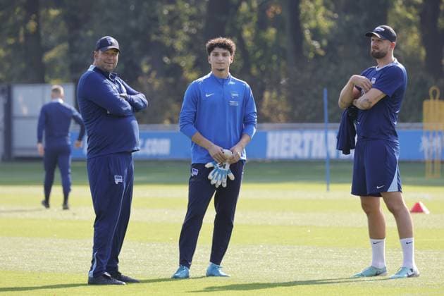 Andreas Menger, goalkeeper coach, Burak Özkanli, goalkeeper, goalkeeper Philip Sprint, Germany, Berlin, Sportpark, football, men, season 2024 2025, 2 Bundesliga, Hertha BSC, training