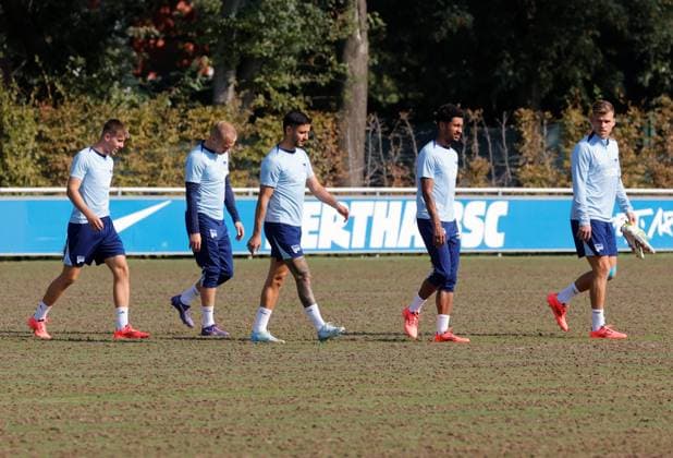 Gustav Christensen, Jón Dagur Thorsteinsson, Kevin Sessa, Jeremy Dudziak, Florian Niederlechner, Germany, Berlin, Sportpark, Football, Men, Season 2024 2025, 2 Bundesliga, Hertha BSC, Training