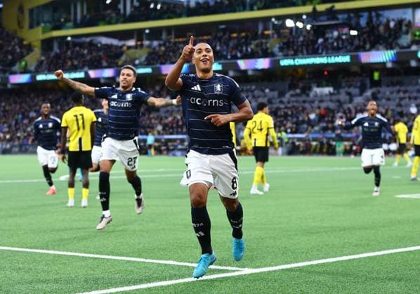 Youri Tielemans of Aston Villa celebrates scoring the opening goal Young Boys v Aston Villa, UEFA Champions League, Group Stage, Football, Wankdorf Stadium, Bern, Switzerland, 17 Sep 2024 EDITORIAL USE ONLY No use with unauthorised audio, video, data, fixture lists, club league logos or live services. Online in-match use limited to 120 images, no video emulation. No use in betting, games or single club league player publications. Copyright: xMichaelxZemanek Shutterstockx 14722110u