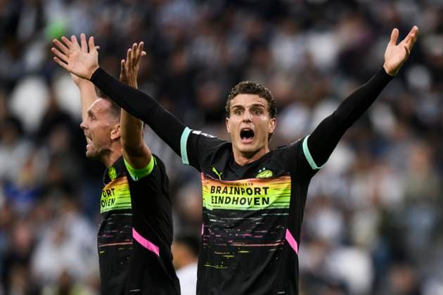 Juventus FC v PSV Eindhoven - UEFA Champions League Guus Til of PSV Eindhoven and Luuk de Jong of PSV Eindhoven react during the UEFA Champions League football match between Juventus FC and PSV Eindhoven. Turin Italy Copyright: xNicolòxCampox