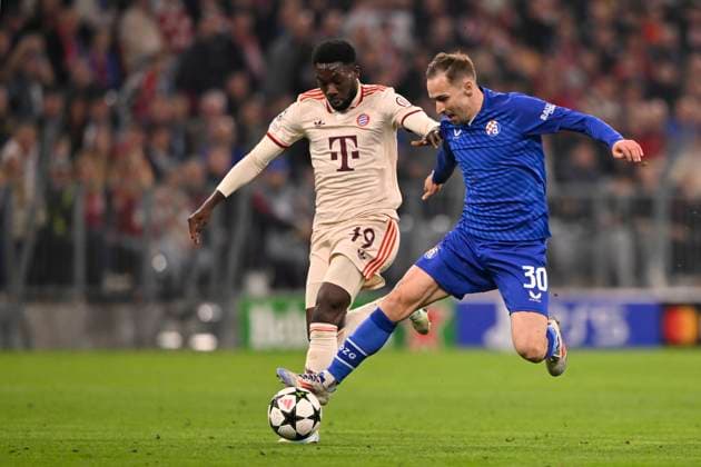 duel, action Alphonso Davies Bayern FC Muenchen FCB 19 vs Marko Rog GNK Dinamo Zagreb 30 FC Bayern Muenchen FCB vs GNK Dinamo Zagreb Matchday 1 17 09 2024 DFL REGULATIONS PROHIBIT ANY USE OF PHOTOGRAPHS AS IMAGE SEQUENCES AND OR QUASI VIDEO FC Bayern Muenchen FCB vs GNK Dinamo Zagreb