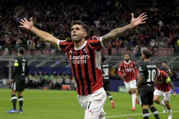 Foto IPP Paolo Bona Milano 17 09 2024 UEFA Champions League di Calcio stagione 2024 2025 partita Milan-Liverpool Nella foto Christian Pulisic esulta dopo il gol del 1-0 Italy Photo Press Worldwide Copyright italy  Copyright: xR4924_italyphotopressx