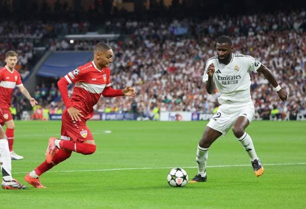Enzo Millot VfB Stuttgart 8 , Antonio Ruediger Real Madrid 22 , ESP, Real Madrid vs VfB Stuttgart, Champions League, Football, 1 Round, Season 2024 25, 17 09 2024, ESP, Real Madrid vs VfB Stuttgart, Champions League, Football, 1 Matchday, Season 2024 25, 17 09 2024 Madrid Copyright: xEibner-Pressefoto joergxNiebergax EP_JNL