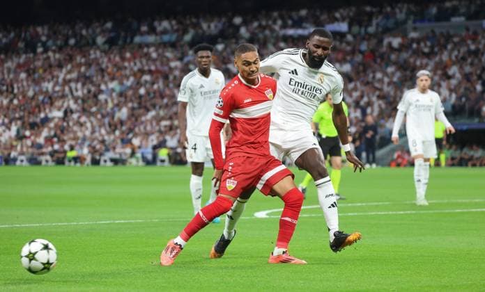 Enzo Millot VfB Stuttgart 8 , Antonio Ruediger Real Madrid 22 , ESP, Real Madrid vs VfB Stuttgart, Champions League, Football, 1 Round, Season 2024 25, 17 09 2024, ESP, Real Madrid vs VfB Stuttgart, Champions League, Football, 1 Matchday, Season 2024 25, 17 09 2024 Madrid Copyright: xEibner-Pressefoto joergxNiebergax EP_JNL