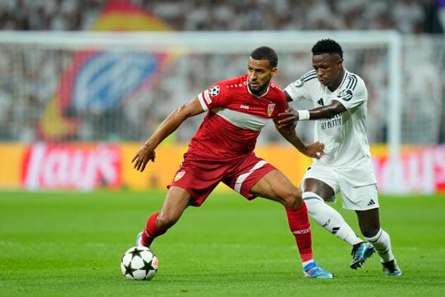 Real Madrid C.F. v VfB Stuttgart - UEFA Champions League 2024 25 League Phase MD1 Josha Vagnoman right-back of Stuttgart and Germany and Vinicius Junior left winger of Real Madrid and Brazil compete for the ball during the UEFA Champions League 2024 25 League Phase MD1 match between Real Madrid C.F. and VfB Stuttgart at Estadio Santiago Bernabeu on September 17, 2024 in Madrid, Spain. Madrid Spain  Copyright: xJosexBretonx originalFilename:bretonhernandez-realmadr240917_npEAR.jpg