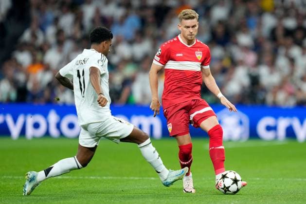 Rodrigo Goes of Real Madrid CF and Maximilian Mittelstädt of VfB Stuttgart Real Madrid v VFL Stuttgart, UEFA Champios League match, date 1. Football, Santiago Bernabeu Stadium, Madrid, Spain - 17 Sep 2024 Editorial use only  Copyright: xPressinphoto Shutterstockx 14725266j