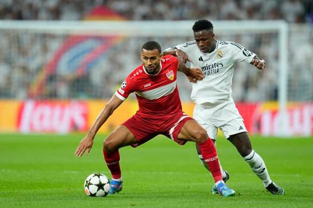 Real Madrid C.F. v VfB Stuttgart - UEFA Champions League 2024 25 League Phase MD1 Josha Vagnoman right-back of Stuttgart and Germany and Vinicius Junior left winger of Real Madrid and Brazil compete for the ball during the UEFA Champions League 2024 25 League Phase MD1 match between Real Madrid C.F. and VfB Stuttgart at Estadio Santiago Bernabeu on September 17, 2024 in Madrid, Spain. Madrid Spain  Copyright: xJosexBretonx originalFilename:bretonhernandez-realmadr240917_npHAy.jpg