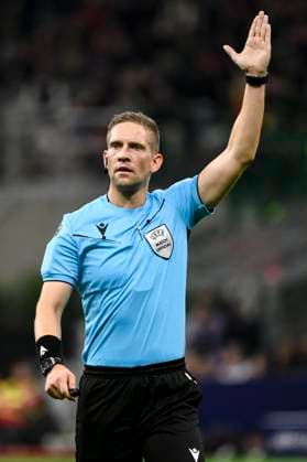 Referee Espen Eskas gestures during the UEFA Champions League 2024 205 football match between AC Milan and Liverpool FC at San Siro stadium in Milano (Italy), September 17, 2024. AndreaxStaccioli
