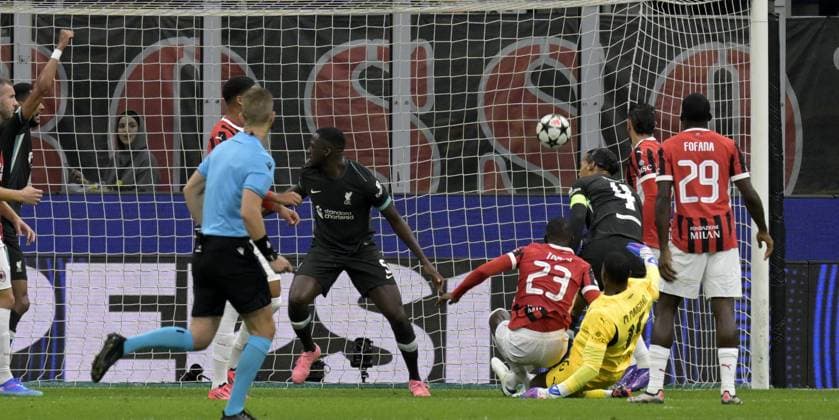 Foto IPP Paolo Bona Milano 17 09 2024 UEFA Champions League di Calcio stagione 2024 2025 partita Milan-Liverpool Nella foto Ibrahima Konate segna il gol del 1-1 Italy Photo Press Worldwide Copyright italy  Copyright: xR4924_italyphotopressx