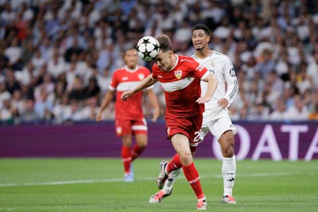 UEFA CHAMPIONS LEAGUE - Real Madrid vs VfB Stuttgart MADRID, SPAIN - SEPTEMBER 17: Anthony Rouault of VfB Stuttgart in action during the UEFA CHAMPIONS LEAGUE 2024 25 match between Real Madrid and VfB Stuttgart at Santiago Bernabeu Stadium. (Photo by Guillermo Martinez) Madrid Santiago BernabÃ u Stadium Spain Copyright: xGuillermoxMartinezx