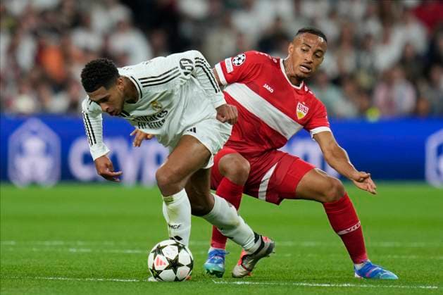 ESP: Real Madrid and VLF Stuttgart. UEFA Champions League. Date 1 Jamie Leweling of VfB Stuttgart and Jude Bellingham of Real Madrid CF during the UEFA Champions League match between Real Madrid and VLF Stuttgart played at Santiago Bernabeu Stadium on September 17, 2024 in Madrid, Spain. kpng Copyright: xJuanxPerezx xPRESSINPHOTOx PS_240917_RMA_STT_025