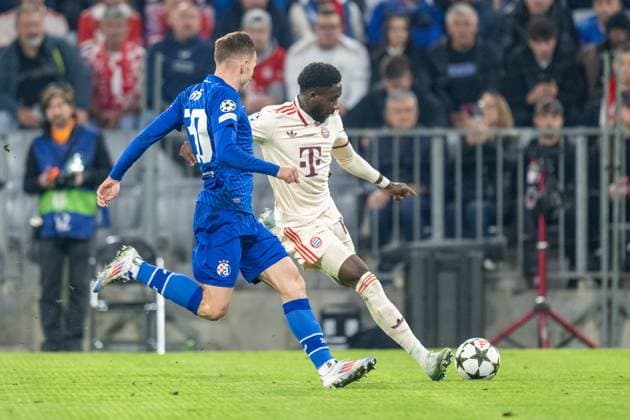 Marko Rog 30 GNK Dinamo Zagreb , Alphonso Davies 19 FC Bayern Muenchen , FC Bayern Muenchen vs GNK Dinamo Zagreb, Football, UEFA Champions League, 1 Matchday, 17 09 2024 DFB regulations prohibit any use of photographs as image sequences and or quasi video Muenchen Bayern Germany Copyright: xkolbert-press UlrichxGamelx