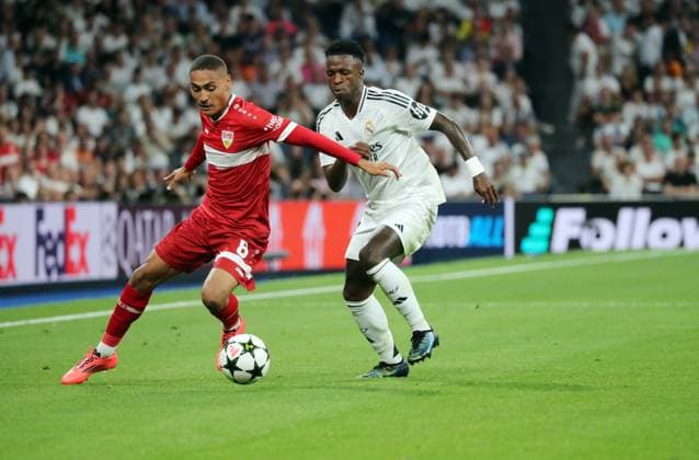 17 09 24 Real Madrid VfB Stuttgart Spain, Madrid, 17 09 2024, Football, UEFA Champions League, Real Madrid VfB Stuttgart v l Enzo Millot VfB Stuttgart , Vinicius Junior Real Madrid