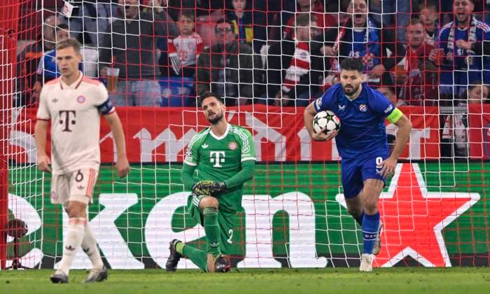 GOAL for 3 1 Bruno Petkovic GNK Dinamo Zagreb 09 against goalkeeper Sven Ulreich FC Bayern Muenchen FCB 26 Joshua Kimmich FC Bayern Muenchen FCB 06 FC Bayern Muenchen FCB vs GNK Dinamo Zagreb Matchday 1 17 09 2024 DFL REGULATIONS PROHIBIT ANY USE OF PHOTOGRAPHS AS IMAGE SEQUENCES AND OR QUASI VIDEO FC Bayern Muenchen FCB vs GNK Dinamo Zagreb