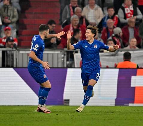 17 09 2024, Football UEFA Championsleague 2024 2025 1 Matchday, FC Bayern Munich Dinamo Zagreb, in the Allianz Arena Munich Goal celebration by Takuya Ogiwara Dinamo Zagreb DFL and DFB regulations prohibit any use of photographs as image sequences and or quasi video