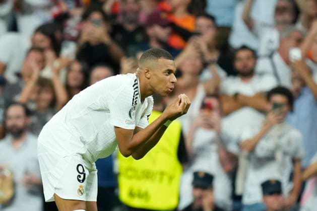 Real Madrid C.F. v VfB Stuttgart - UEFA Champions League 2024 25 League Phase MD1 Kylian Mbappe centre-forward of Real Madrid and France celebrates after scoring his sides first goal during the UEFA Champions League 2024 25 League Phase MD1 match between Real Madrid C.F. and VfB Stuttgart at Estadio Santiago Bernabeu on September 17, 2024 in Madrid, Spain. Madrid Spain  Copyright: xJosexBretonx originalFilename:bretonhernandez-realmadr240917_npx9W.jpg