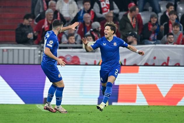 17 09 2024, Football, Champions League, Matchday 1, Season 2024 2025, FC Bayern Munich Dinamo Zagreb, Takuya Ogiwara Dinamo Zagreb celebrates the goal to 2 3 for Zagreb xRHR PHOTO TKx Copyright: RHR-FOTOx RHR-FOTO TK
