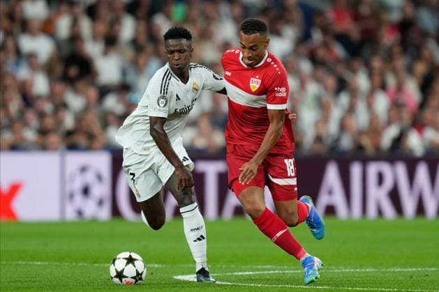 Vinicius Junior of Real Madrid CF and Jamie Leweling of Atletico de Madrid Real Madrid v VFB Stuttgart, UEFA Champios League match, date 1. Football, Santiago Bernabeu Stadium, Madrid, Spain - 17 Sep 2024 Editorial use only  Copyright: xPressinphoto Shutterstockx 14725330e
