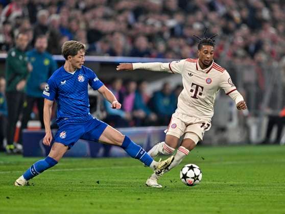 17 09 2024, Football UEFA Championsleague 2024 2025 Matchday 1, FC Bayern Munich Dinamo Zagreb, at Allianz Arena Munich v l Takuya Ogiwara Dinamo Zagreb v Michael Olise FC Bayern Munich DFL and DFB regulations prohibit any use of photographs as image sequences and or quasi video
