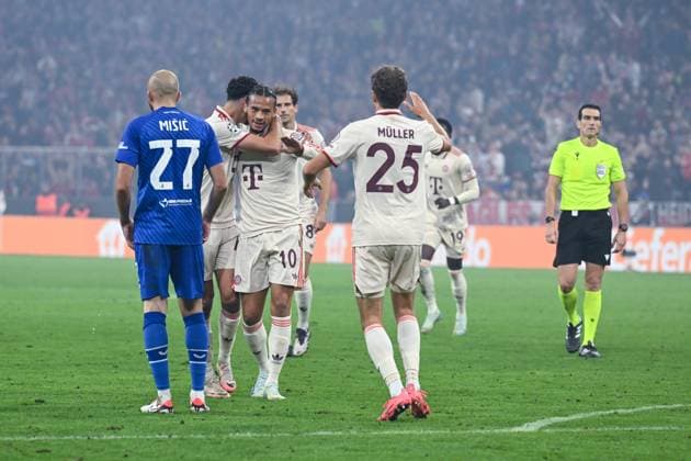 17 09 2024, Football, Champions League, Matchday 1, Season 2024 2025, FC Bayern München Dinamo Zagreb, Aleksandar Pavlovic FC Bayern München , Leroy Sane FC Bayern München , Thomas Müller FC Bayern München celebrate the goal for the 8 2 xRHR PHOTO TKx Copyright: RHR-FOTOx RHR-FOTO TK