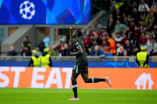 AC Milan v Liverpool FC - UEFA Champions League 2024 25 Ibrahima Konate of Liverpool FC celebrates after scoring first goal during the UEFA Champions League 2024 25 League Phase MD1 match between AC Milan and Liverpool FC at Stadio San Siro on September 17, 2024 in Milan, Italy. Milan Stadio Giuseppe Meazza Florence Italy Copyright: xGiuseppexMaffiax UCL_Milan-Liverpool_63