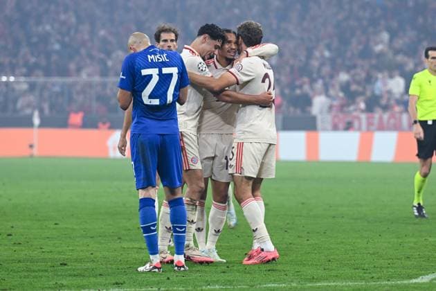 17 09 2024, Football, Champions League, Matchday 1, Season 2024 2025, FC Bayern München Dinamo Zagreb, Aleksandar Pavlovic FC Bayern München , Leroy Sane FC Bayern München , Thomas Müller FC Bayern München celebrate the goal for the 8 2 xRHR PHOTO TKx Copyright: RHR-FOTOx RHR-FOTO TK