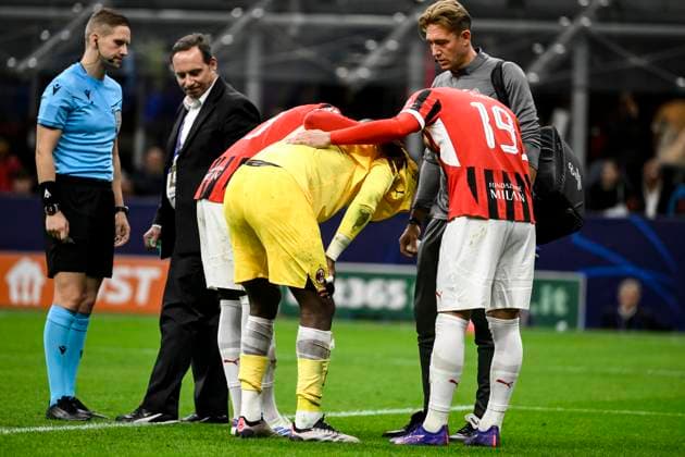Mike Maignan of AC Milan injured during the UEFA Champions League 2024 205 football match between AC Milan and Liverpool FC at San Siro stadium in Milano (Italy), September 17, 2024. AndreaxStaccioli