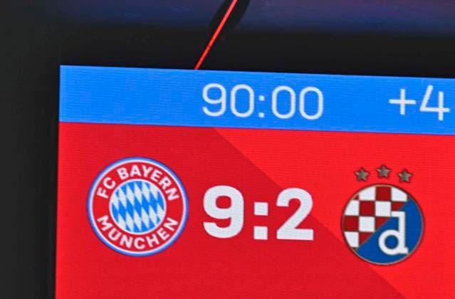 17 09 2024, Football UEFA Champions League 2024 2025 Matchday 1, FC Bayern Munich Dinamo Zagreb, at the Allianz Arena Munich After 90 minutes the score is 9 2 DFL and DFB regulations prohibit any use of photographs as image sequences and or quasi video