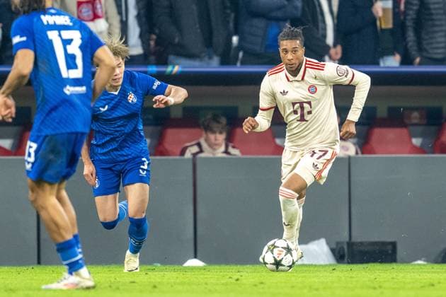 Michael Olise 17 FC Bayern Muenchen in duel, FC Bayern Muenchen vs GNK Dinamo Zagreb, Football, UEFA Champions League, 1 Matchday, 17 09 2024 DFB regulations prohibit any use of photographs as image sequences and or quasi video Muenchen Bayern Germany Copyright: xkolbert-press UlrichxGamelx