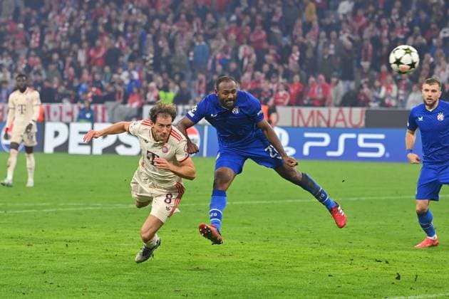 Goal Leon GORETZKA Bayern Muenchen 9 2, action,header against Kevin Theophile Catherine ZNG , Football Champions League , FC Bayern Muenchen GNK Dinamo Zagreb 9 2 on 17 09 2024, A L L I A N Z A R E N A
